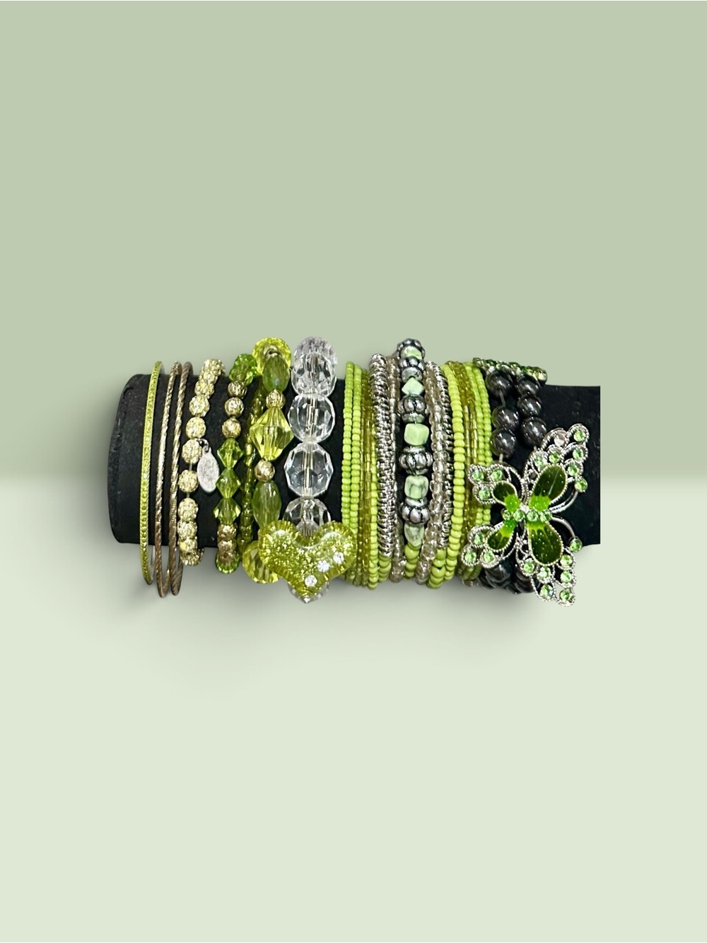 Signature Faith Green Beaded Bracelet Stack Rhinestone Crystal Butterfly Boho